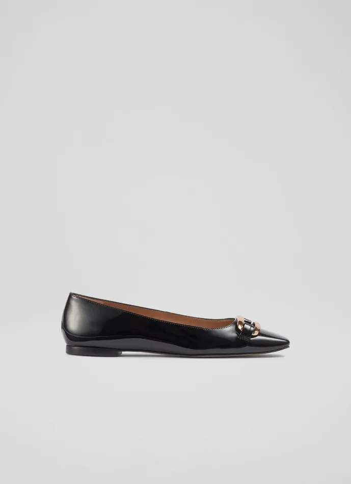 Women Flats LKBennett Cayden Black Patent Leather Gold Bar Flats Black