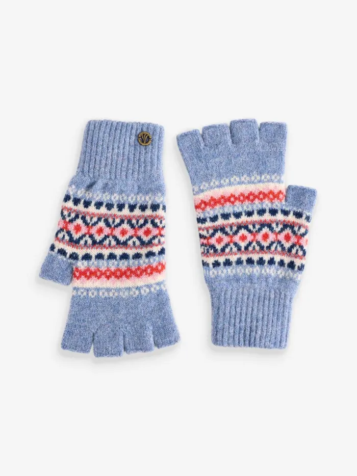 Women Gloves Fat Face Blue Lambswool Fairisle Fingerless Gloves