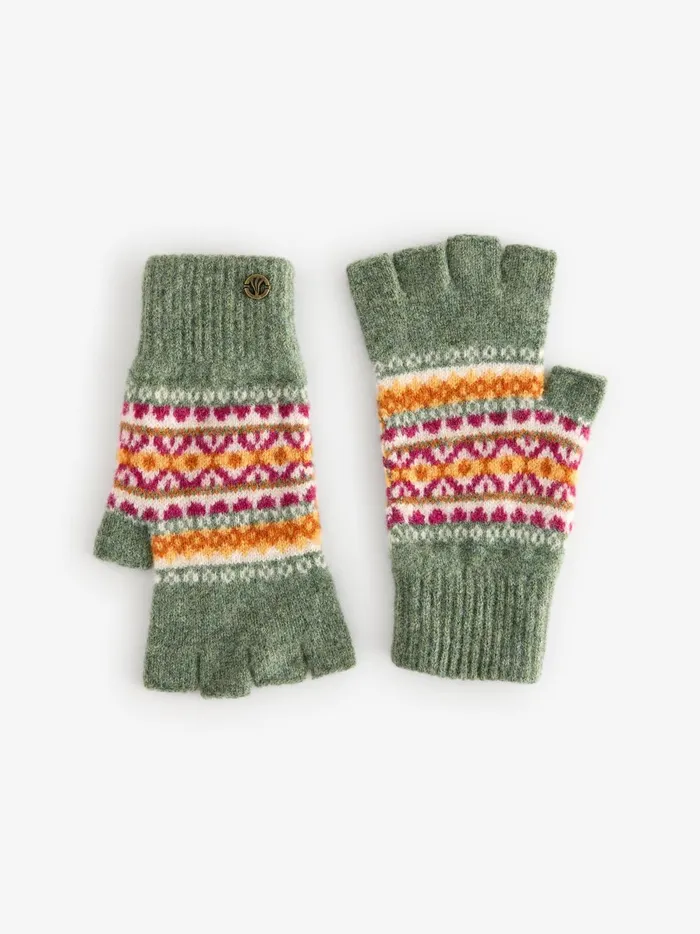 Women Gloves Fat Face Green Lambswool Fairisle Fingerless Gloves