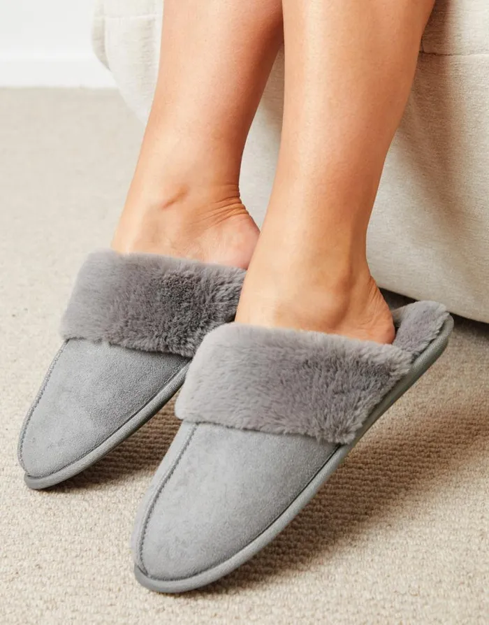 Women Grey Faux Suede Faux Fur Lined Mule Slippers Threadbare Slippers