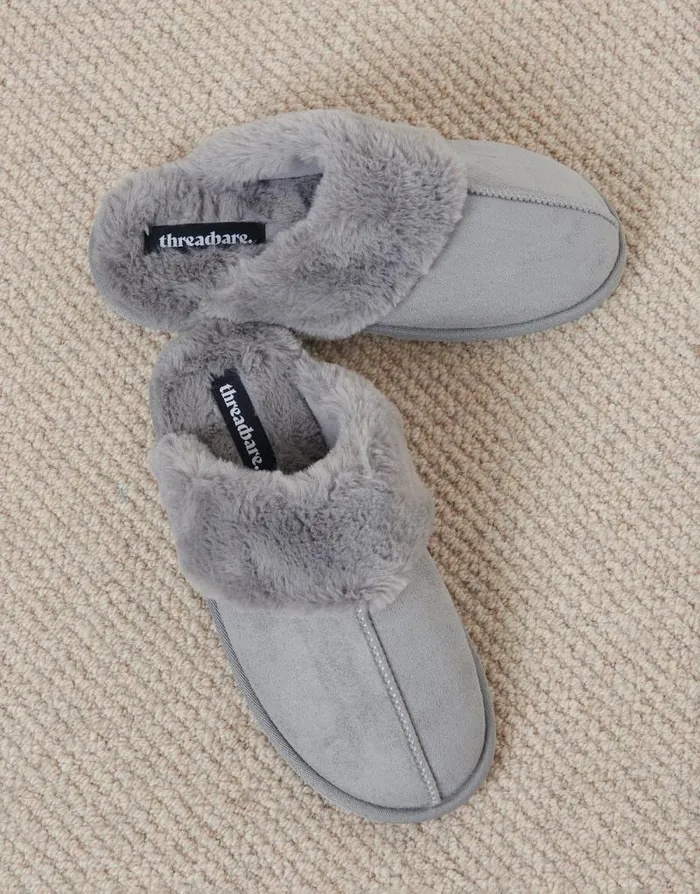 Women Grey Faux Suede Faux Fur Lined Mule Slippers Threadbare Slippers Women Grey Faux Suede Faux Fur Lined Mule Slippers Threadbare Slippers
