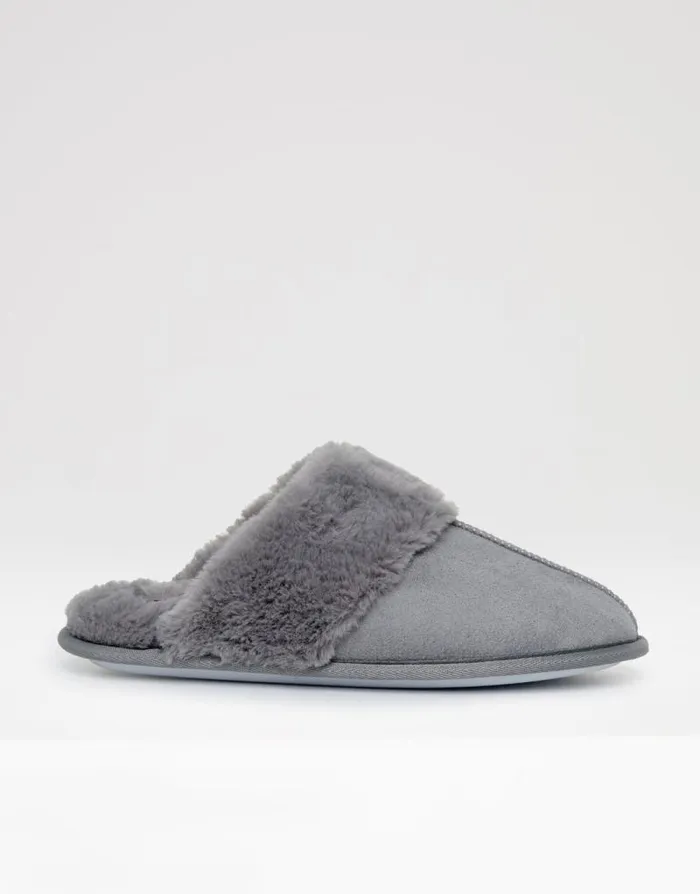 Women Grey Faux Suede Faux Fur Lined Mule Slippers Threadbare Slippers Women Grey Faux Suede Faux Fur Lined Mule Slippers Threadbare Slippers