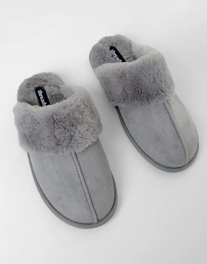 Women Grey Faux Suede Faux Fur Lined Mule Slippers Threadbare Slippers Women Grey Faux Suede Faux Fur Lined Mule Slippers Threadbare Slippers