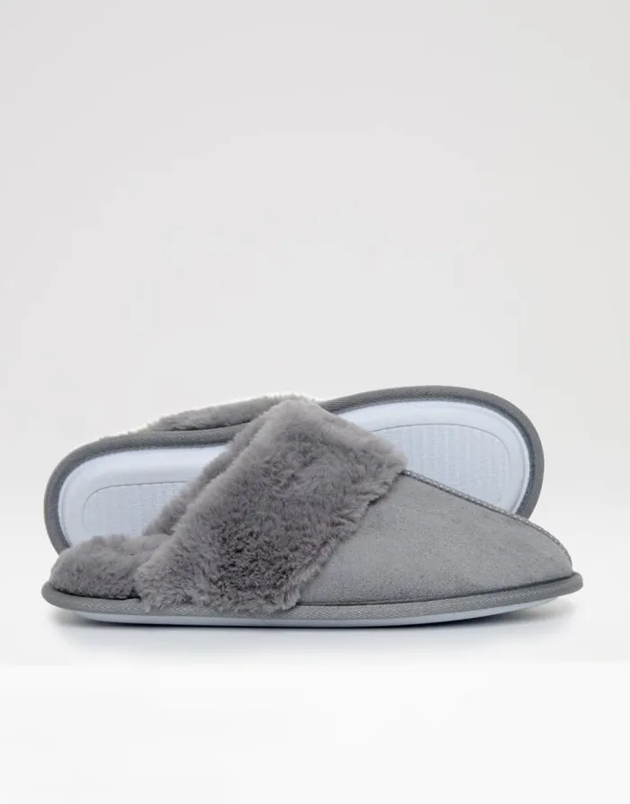 Women Grey Faux Suede Faux Fur Lined Mule Slippers Threadbare Slippers Women Grey Faux Suede Faux Fur Lined Mule Slippers Threadbare Slippers