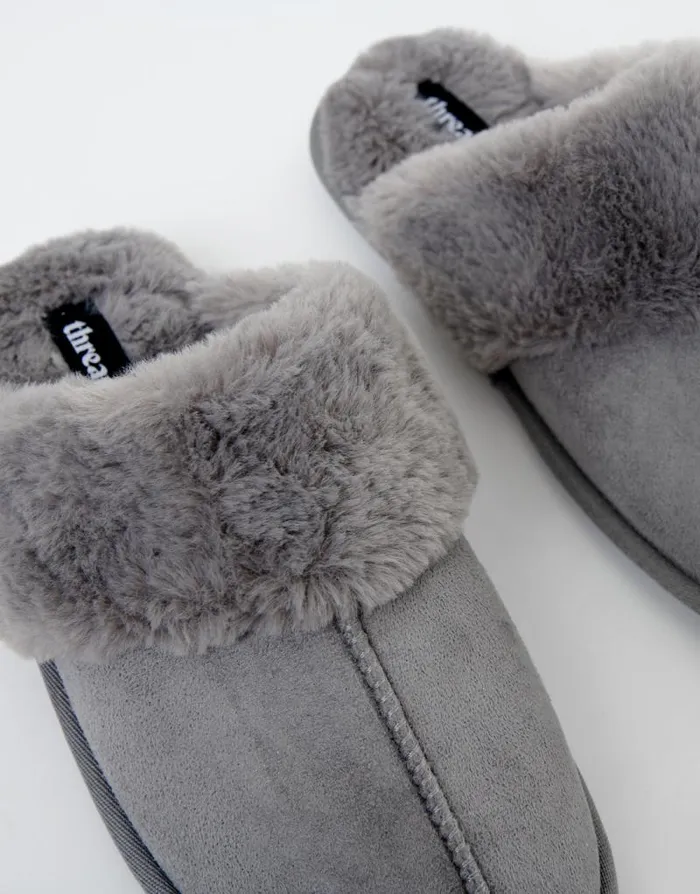 Women Grey Faux Suede Faux Fur Lined Mule Slippers Threadbare Slippers Women Grey Faux Suede Faux Fur Lined Mule Slippers Threadbare Slippers