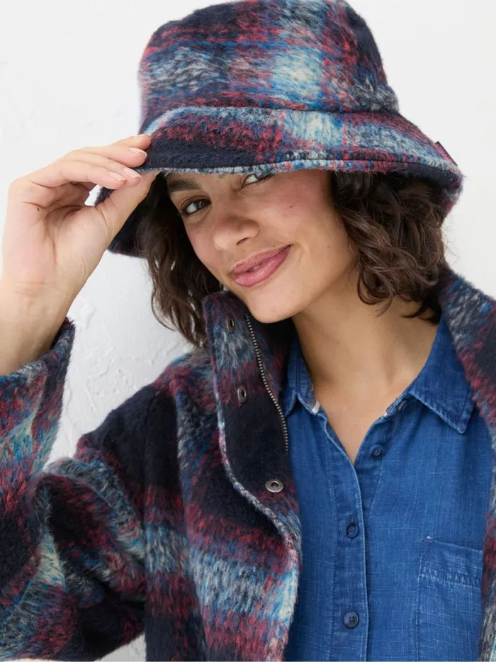 Women Hats Fat Face Blue Check Bucket Hat