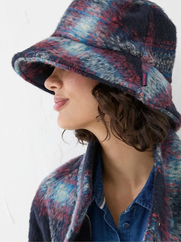 Women Hats Fat Face Blue Check Bucket Hat
