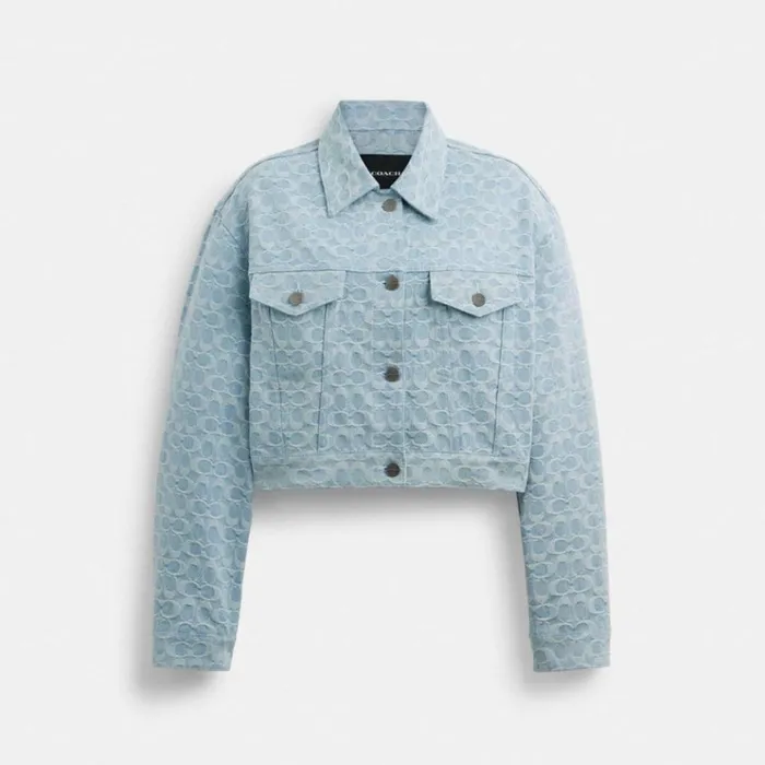 Women Jackets and Outerwear Coach Cropped Signature Jacquard Denim Jacket Blue Signature