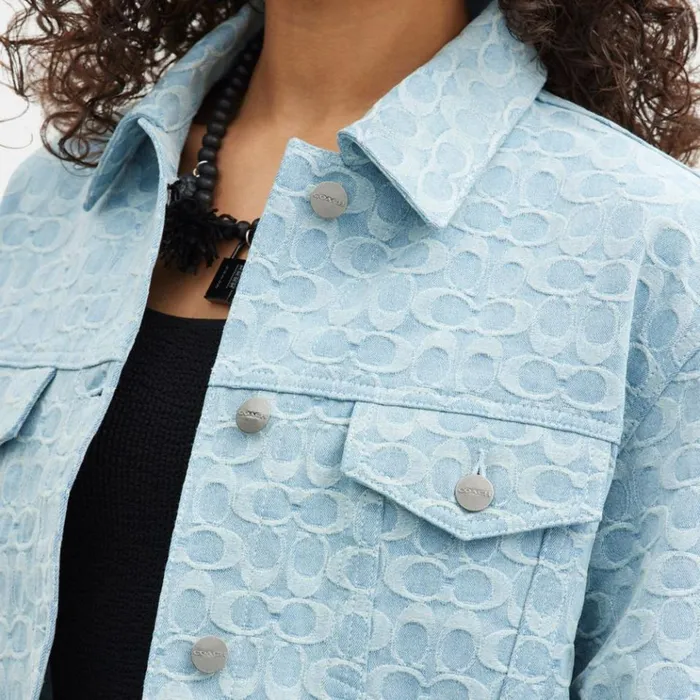 Women Jackets and Outerwear Coach Cropped Signature Jacquard Denim Jacket Blue Signature Women Jackets and Outerwear Coach Cropped Signature Jacquard Denim Jacket Blue Signature