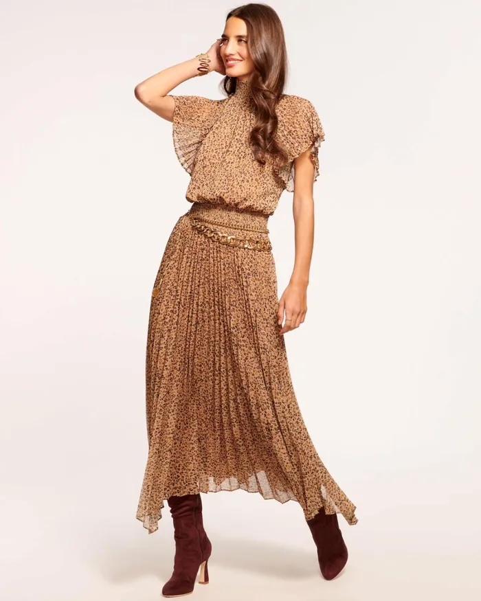 Women Kaylee Short Sleeve Pleated Midi Dress Spotted Camel Ramy Brook Dresses Women Kaylee Short Sleeve Pleated Midi Dress Spotted Camel Ramy Brook Dresses