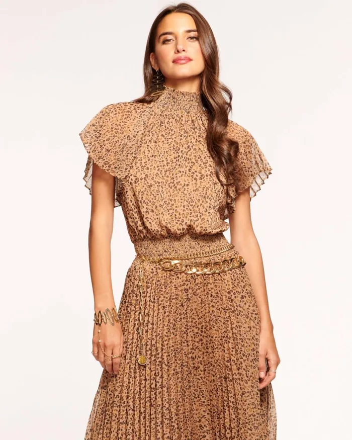 Women Kaylee Short Sleeve Pleated Midi Dress Spotted Camel Ramy Brook Dresses Women Kaylee Short Sleeve Pleated Midi Dress Spotted Camel Ramy Brook Dresses