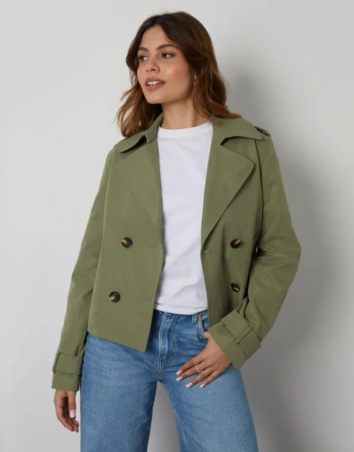 Women Khaki Double Breasted Cropped Trench Coat Threadbare Coats