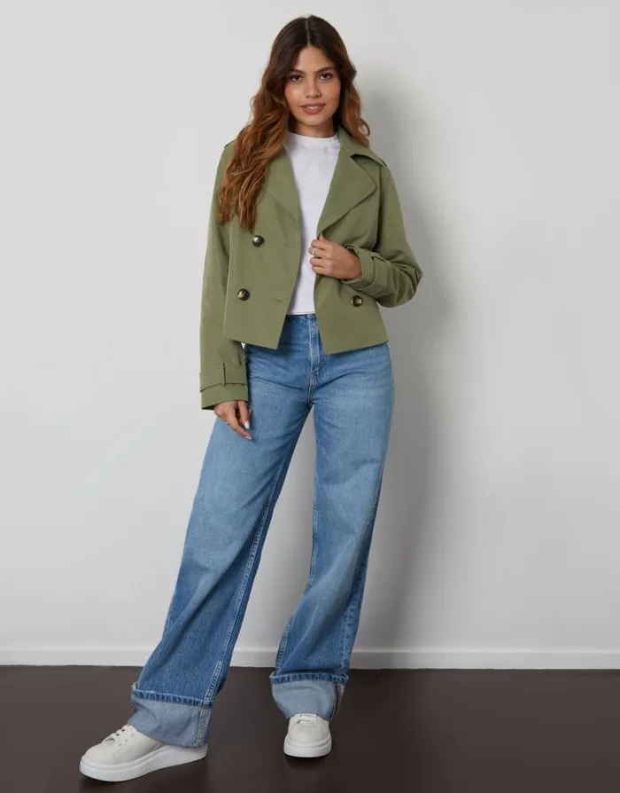 Women Khaki Double Breasted Cropped Trench Coat Threadbare Coats Women Khaki Double Breasted Cropped Trench Coat Threadbare Coats
