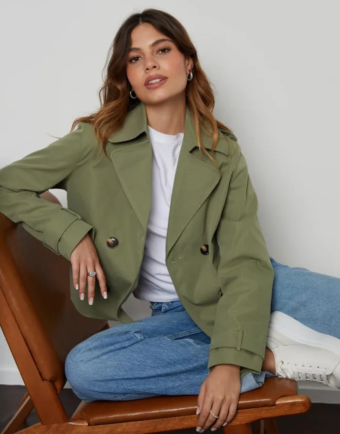 Women Khaki Double Breasted Cropped Trench Coat Threadbare Coats Women Khaki Double Breasted Cropped Trench Coat Threadbare Coats