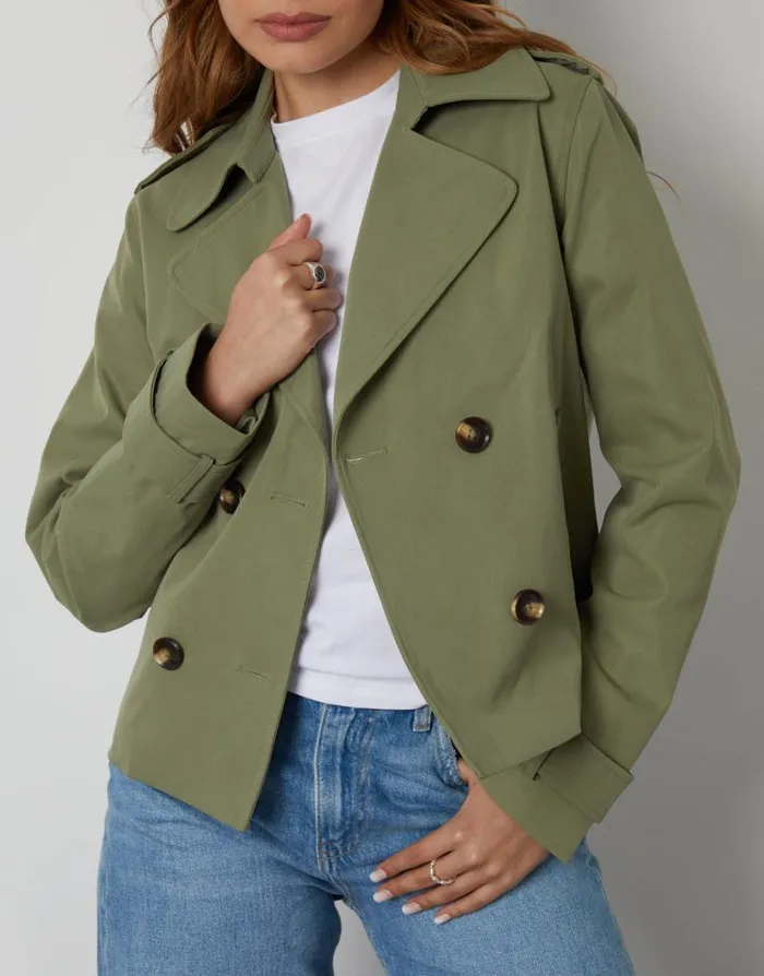 Women Khaki Double Breasted Cropped Trench Coat Threadbare Coats Women Khaki Double Breasted Cropped Trench Coat Threadbare Coats