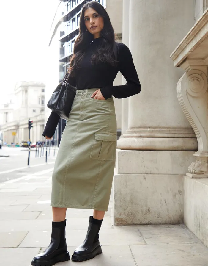 Women Khaki Utility Cargo Maxi Skirt Threadbare Skirts