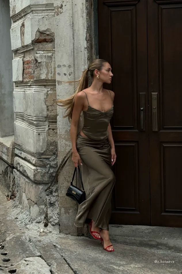 Women Meshki Bottoms Khalani Ruched Satin Maxi Skirt 8211 Khaki