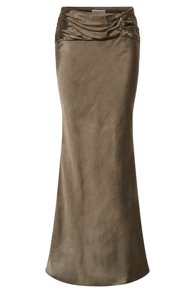 Women Meshki Bottoms Khalani Ruched Satin Maxi Skirt 8211 Khaki