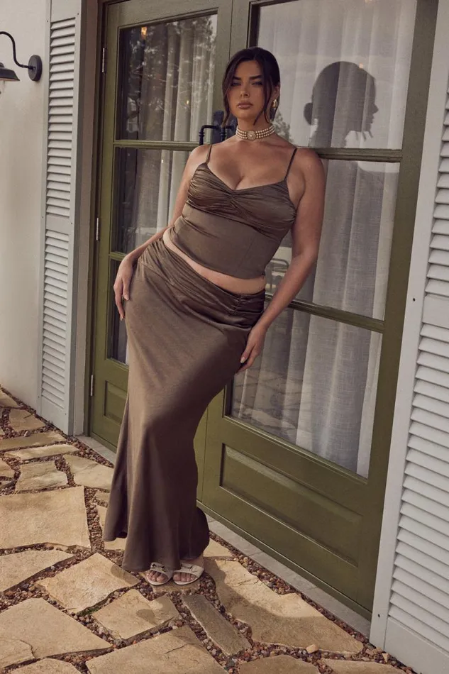 Women Meshki Bottoms Khalani Ruched Satin Maxi Skirt 8211 Khaki