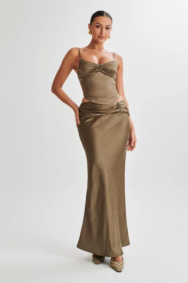 Women Meshki Bottoms Khalani Ruched Satin Maxi Skirt 8211 Khaki
