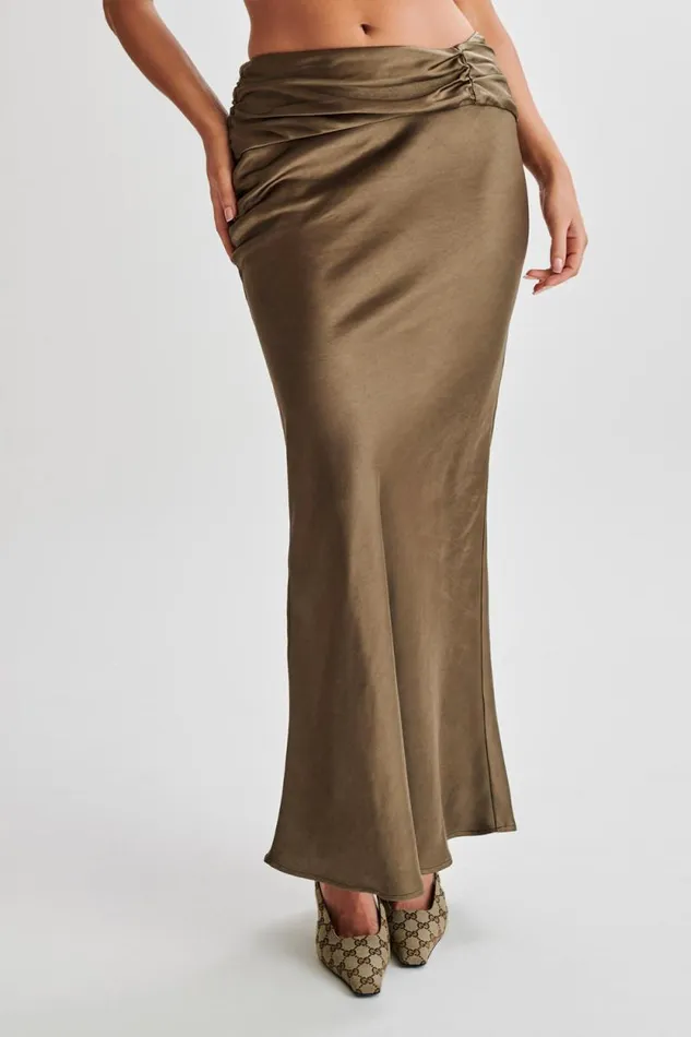 Women Meshki Bottoms Khalani Ruched Satin Maxi Skirt 8211 Khaki