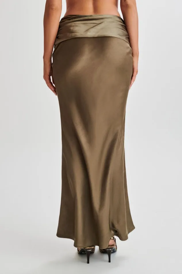 Women Meshki Bottoms Khalani Ruched Satin Maxi Skirt 8211 Khaki
