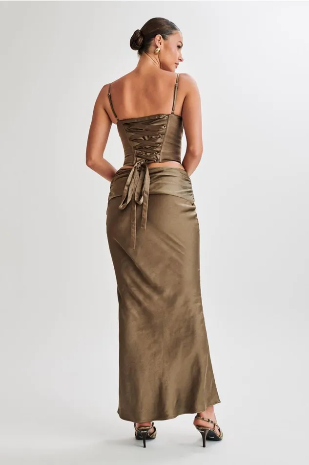 Women Meshki Bottoms Khalani Ruched Satin Maxi Skirt 8211 Khaki