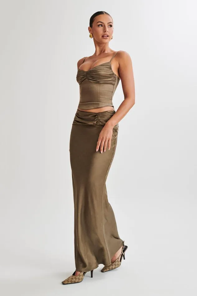 Women Meshki Bottoms Khalani Ruched Satin Maxi Skirt 8211 Khaki