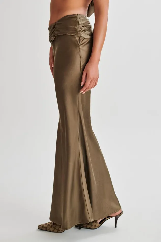 Women Meshki Bottoms Khalani Ruched Satin Maxi Skirt 8211 Khaki