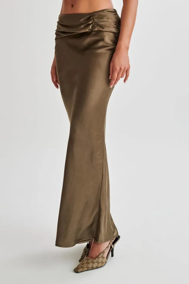Women Meshki Bottoms Khalani Ruched Satin Maxi Skirt 8211 Khaki