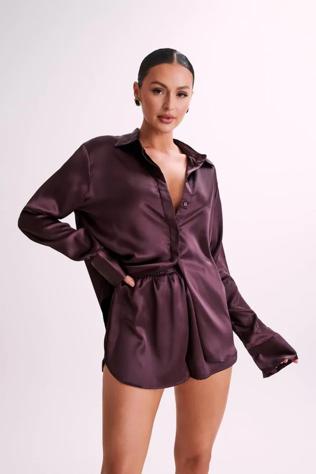 Women Meshki Bottoms Meera Satin Shorts 8211 Plum