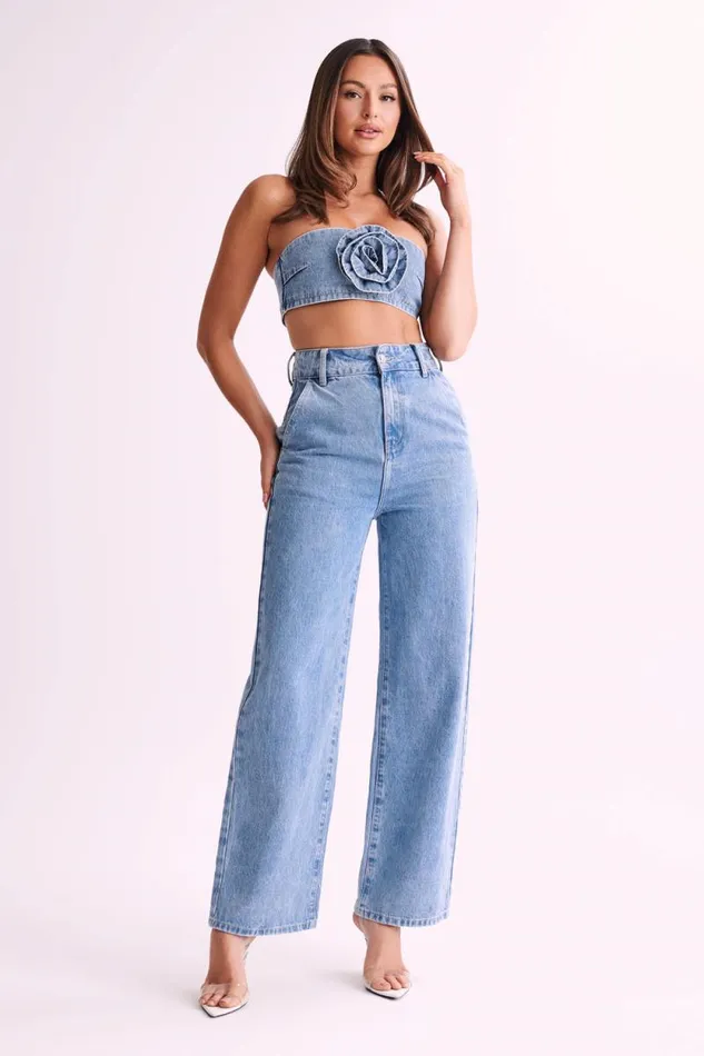 Women Meshki Bottoms Roxy Wide Leg High Waist Denim Jeans 8211 Mid Blue