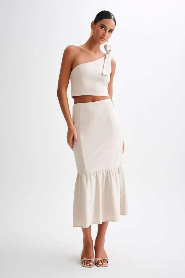 Women Meshki Bottoms Venezia Linen Midi Skirt With Ruffle 8211 Natural