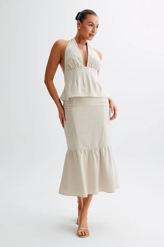 Women Meshki Bottoms Venezia Linen Midi Skirt With Ruffle 8211 Natural