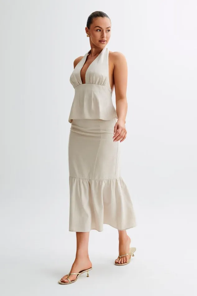 Women Meshki Bottoms Venezia Linen Midi Skirt With Ruffle 8211 Natural