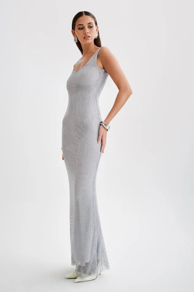 Women Meshki Dresses Annika Diamante Mesh Maxi Dress 8211 Silver