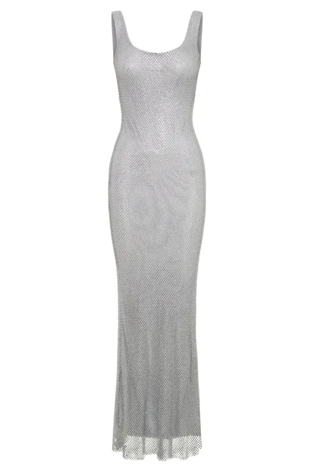 Women Meshki Dresses Annika Diamante Mesh Maxi Dress 8211 Silver