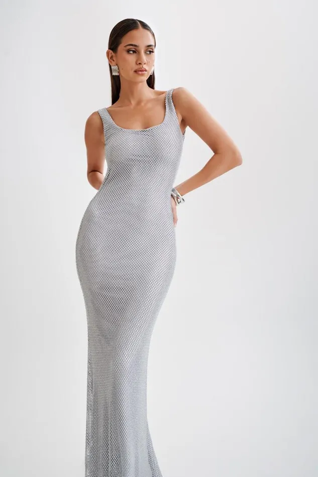 Women Meshki Dresses Annika Diamante Mesh Maxi Dress 8211 Silver