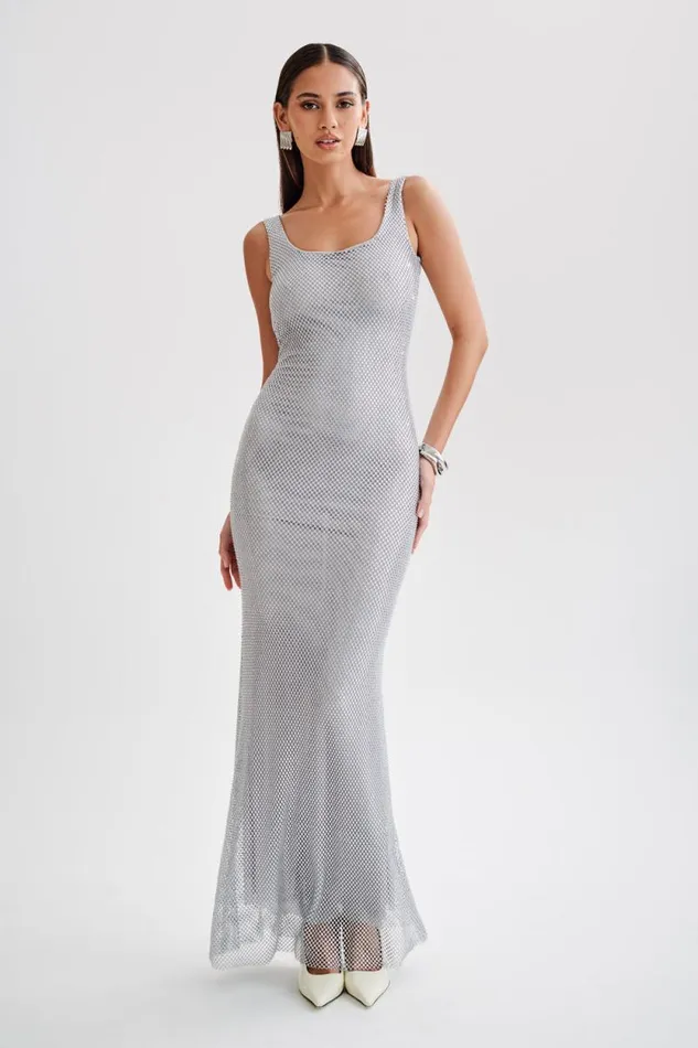 Women Meshki Dresses Annika Diamante Mesh Maxi Dress 8211 Silver