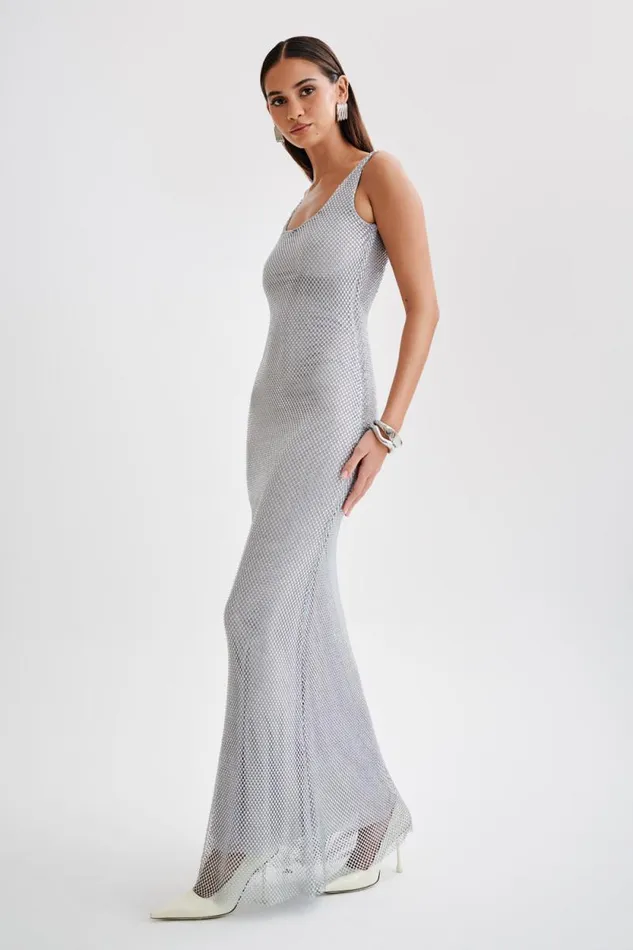 Women Meshki Dresses Annika Diamante Mesh Maxi Dress 8211 Silver