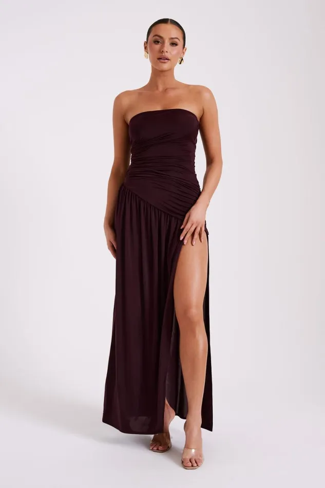 Women Meshki Dresses Bex Strapless Slinky Maxi Dress With Split 8211 Burgundy Women Meshki Dresses Bex Strapless Slinky Maxi Dress With Split 8211 Burgundy
