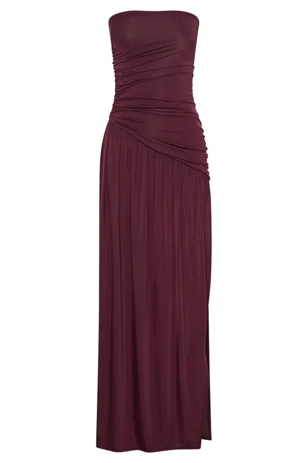 Women Meshki Dresses Bex Strapless Slinky Maxi Dress With Split 8211 Burgundy