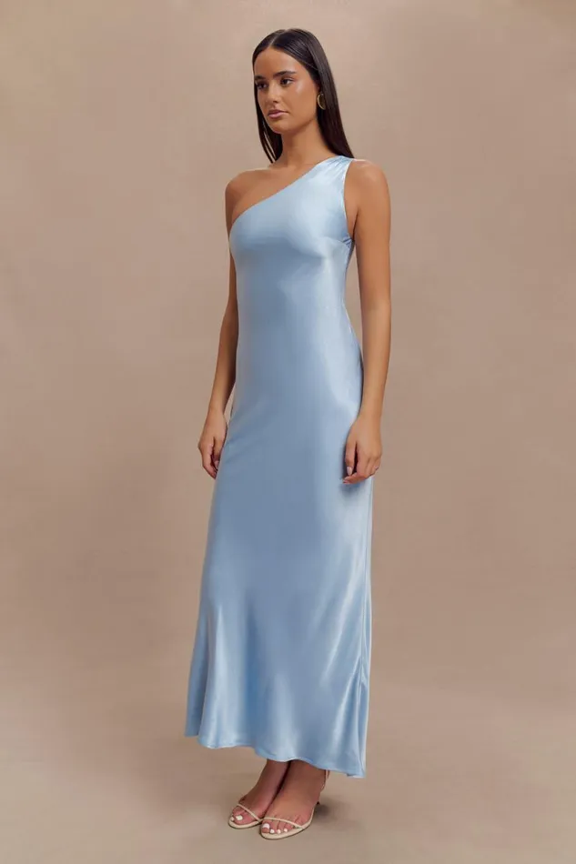 Women Meshki Dresses Camille One Shoulder Satin Maxi Dress 8211 Cornflower Blue