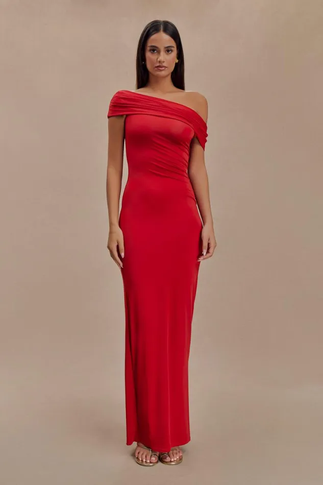 Women Meshki Dresses Cassandra Off Shoulder Slinky Maxi Dress 8211 Red