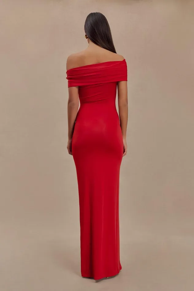 Women Meshki Dresses Cassandra Off Shoulder Slinky Maxi Dress 8211 Red