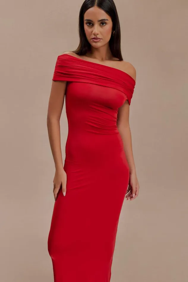 Women Meshki Dresses Cassandra Off Shoulder Slinky Maxi Dress 8211 Red
