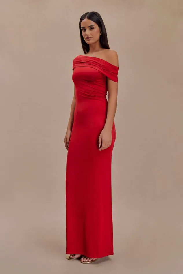 Women Meshki Dresses Cassandra Off Shoulder Slinky Maxi Dress 8211 Red