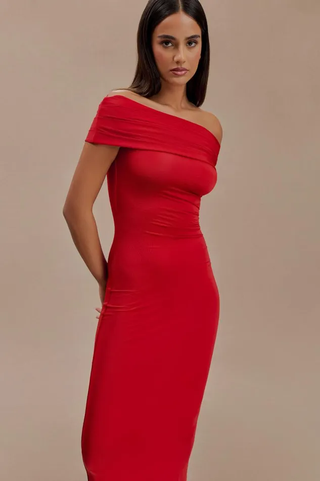 Women Meshki Dresses Cassandra Off Shoulder Slinky Maxi Dress 8211 Red