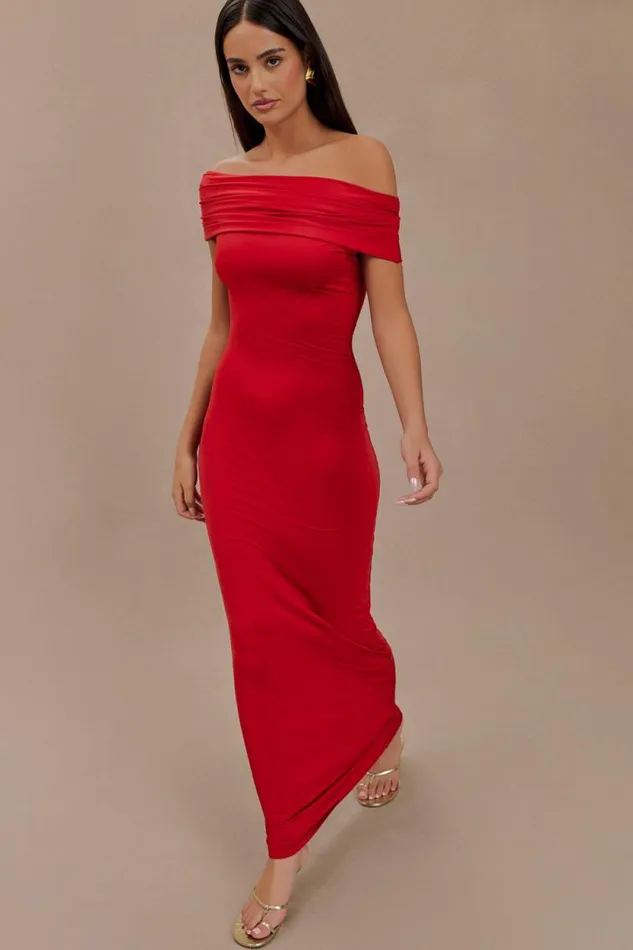 Women Meshki Dresses Cassandra Off Shoulder Slinky Maxi Dress 8211 Red