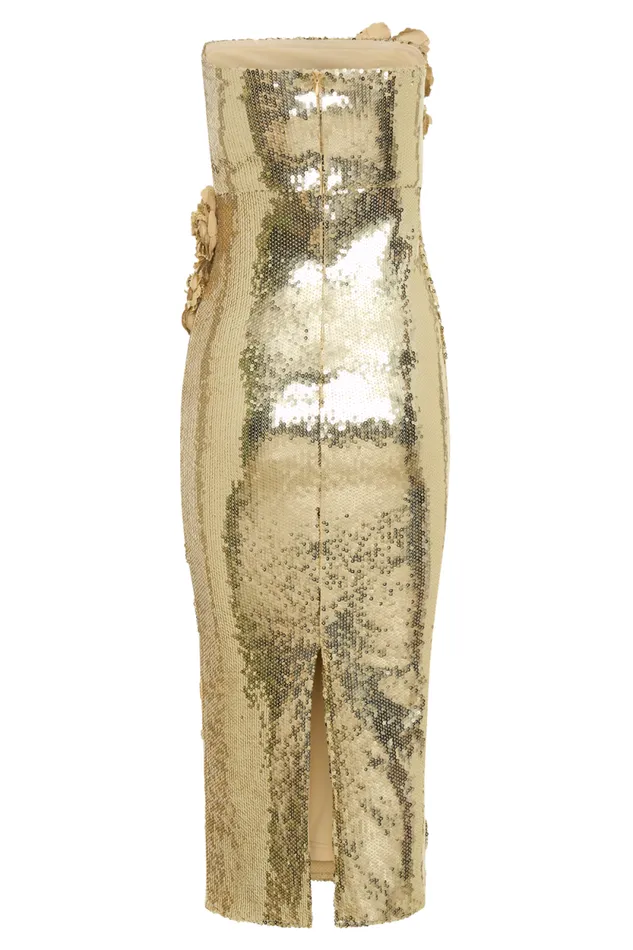 Women Meshki Dresses Cassia Strapless Sequin Rose Midi Dress 8211 Gold